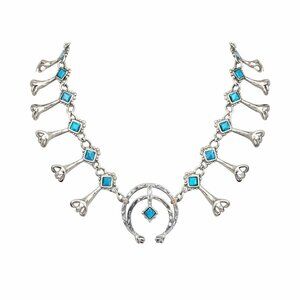 Vintage Faux Turquoise Squash Blossom Necklace Boho Chic 20" Long Silver Chain